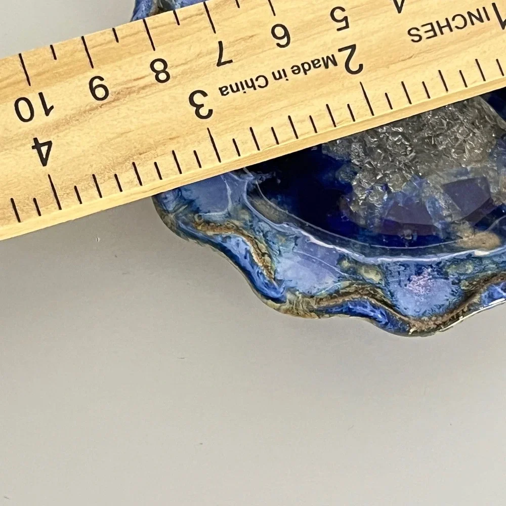 Handmade Ceramic Trinket Dish‎ Blue Swirls Glass Center Made in USA